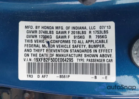 2013 Honda Civic Lx из США, поврежденный, VIN 19XFB2F50DE064295